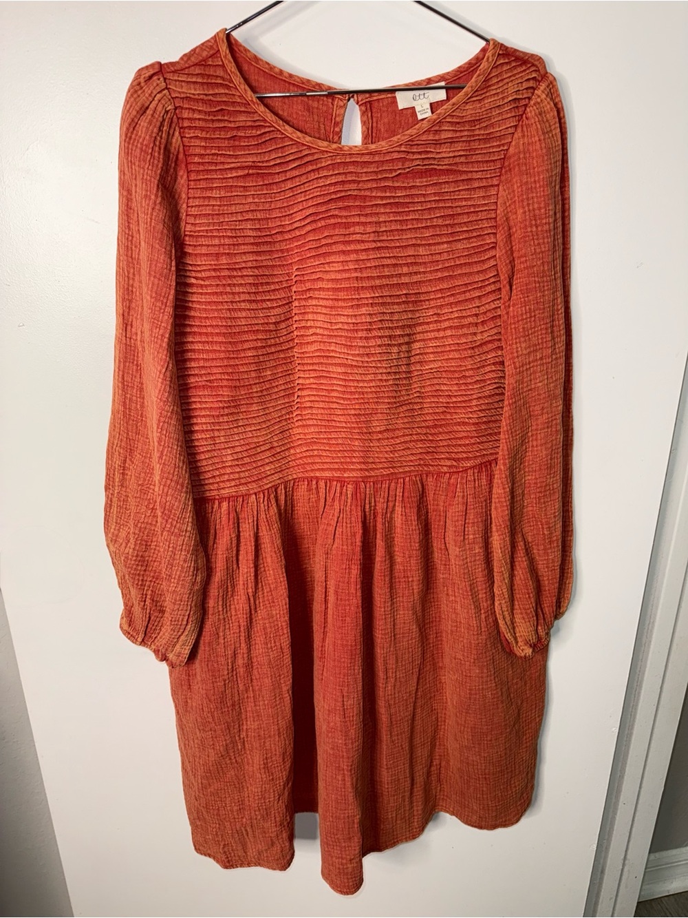 Ott Rust Orange Textured Pintuck Babydoll Mini Dress Cottagecore Fall Terracotta